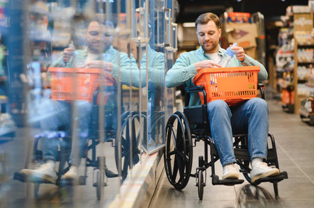 Man with disability shopping groceries in supermarket, putting a bottle of water inside a shopping basket placed on his legs while sitting on a wheelchairの写真素材