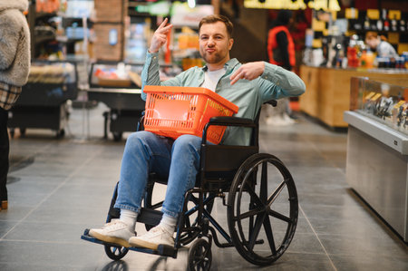 Happy customer making peace signs with fingers while shopping groceries in supermarket, holding a shopping basket on his lapの写真素材