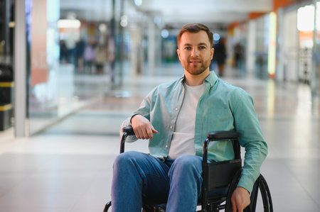 Person with disability enjoying shopping in a wheelchair at the mall, showcasing mobility and inclusionの写真素材