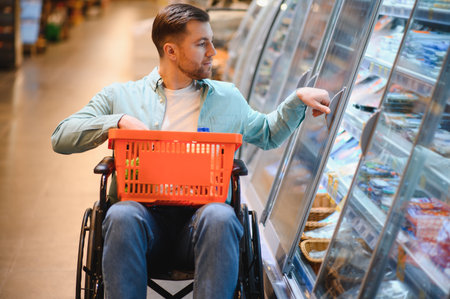Man in a wheelchair shopping for groceries, selecting frozen food from a supermarket refrigerator while enjoying an independent lifestyleの写真素材