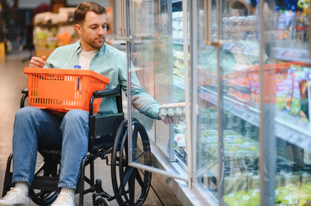 Man in a wheelchair selecting eggs from the refrigerator in a brightly lit grocery store, enjoying a convenient shopping experienceの写真素材