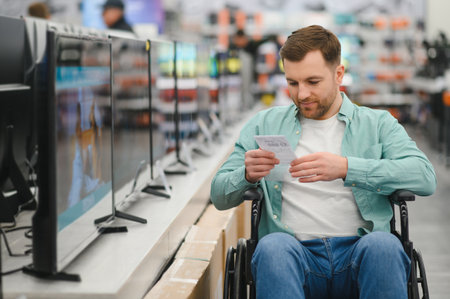 Man in a wheelchair choosing a new television in an electronics store, reading a shopping list