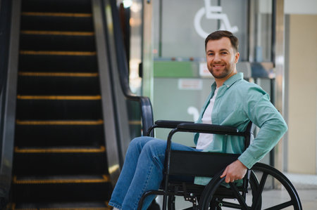 Customer using wheelchair moving in shopping center looking for elevator, happy with accessibilityの写真素材
