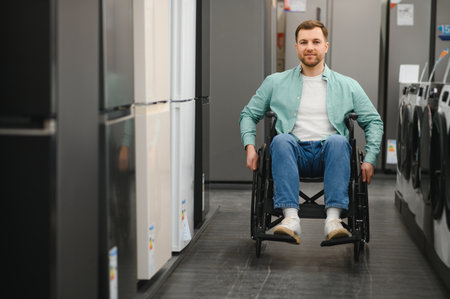 Man using wheelchair choosing refrigerator in home appliance store, exploring various models and...