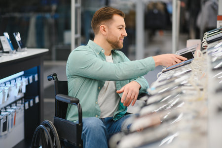 Man in a wheelchair browsing smartphones at a home appliance and electronics store, showing...