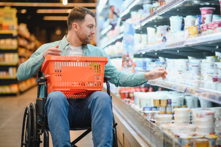 Man in wheelchair buying groceries in a supermarket, holding a shopping basket and reaching for a product on a refrigerated shelfの写真素材