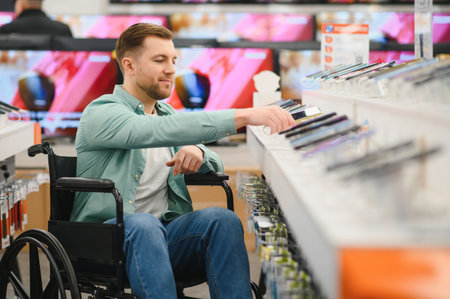 Man in a wheelchair selecting a new mobile phone while shopping in a consumer electronics store,...