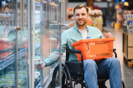 Man in wheelchair buying groceries at refrigerated section in supermarket, holding shopping basket and reaching for eggsの写真素材