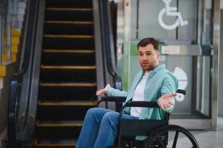 Customer in wheelchair gesturing near escalator and elevator in shopping center, highlighting...