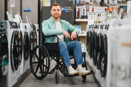 Confident man in wheelchair choosing washing machine in electronics store, happy disabled customer enjoying shopping in hypermarket, accessibility and inclusivity conceptの写真素材