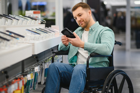 Happy man sitting in wheelchair using smartphone choosing new mobile phone in electronics store
