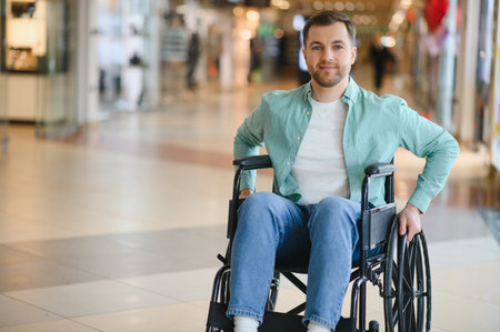 Happy man using a wheelchair moving inside a shopping center, enjoying accessibility and...
