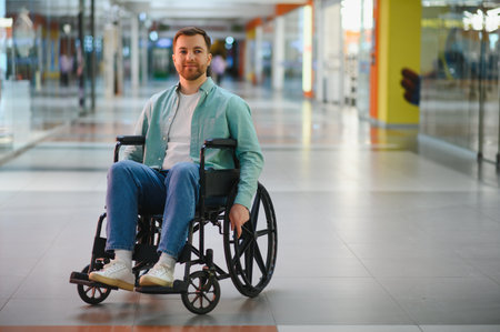 Person with disability moving autonomously in a public place using a wheelchair enjoying free time