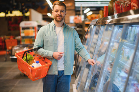 Man holding a basket filled with groceries, standing in a supermarket aisle. He is choosing items from a refrigerated sectionの写真素材