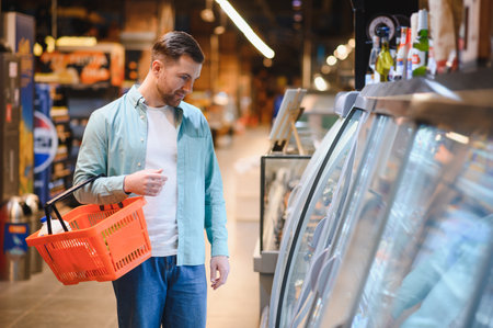 Man holding a shopping basket while selecting fresh groceries from the refrigerated section in a bustling supermarket aisleの写真素材