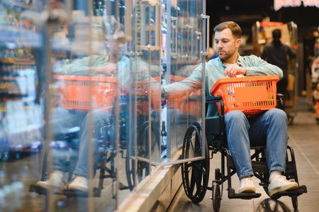 Man in wheelchair choosing groceries from refrigerated section in a modern supermarket,...