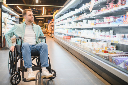Man in wheelchair buying groceries, choosing dairy products in refrigerated section of a modern supermarketの写真素材