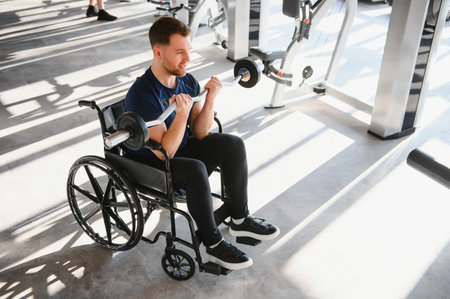 male athlete lifting weights while sitting in wheelchair, exercising and training during rehabilitation in modern gymの写真素材