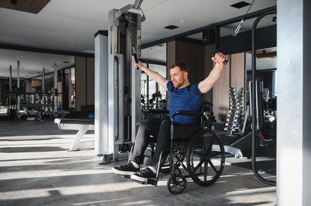 male athlete using adaptive equipment, lifting weights in a wheelchair, demonstrating resilience and...