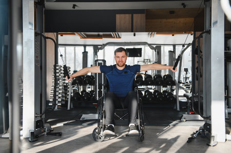 Person with disabilities engages in rehabilitation exercise at a gym, using cable machines to...