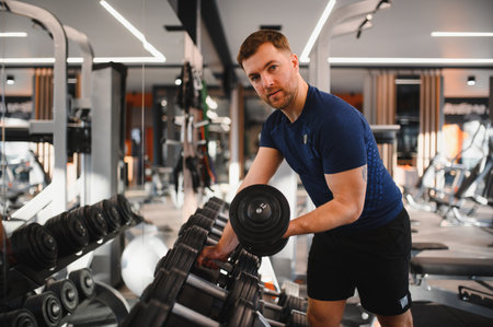 Sportsman exercising with dumbbells, focusing on recovery and strength training in a well equipped...