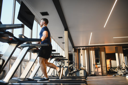 Determined male athlete running on treadmill, exercising for rehabilitation in modern gym with large...