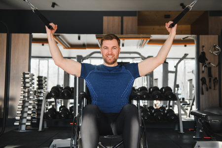 Man with disability exercising with cable weights in modern gym, determination and strength during...