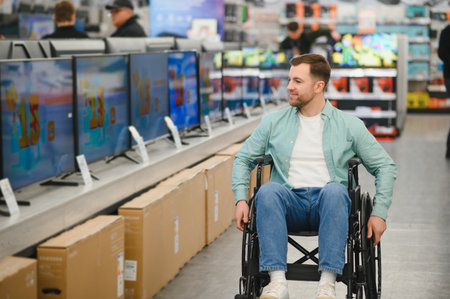 Happy man in wheelchair choosing new TV in a home appliance store, enjoying shopping and modern...
