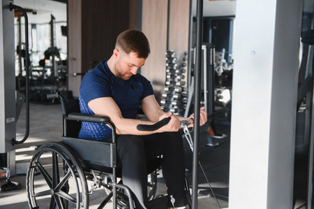 Person with disability exercising with cable machine in modern gym, undergoing rehabilitation...