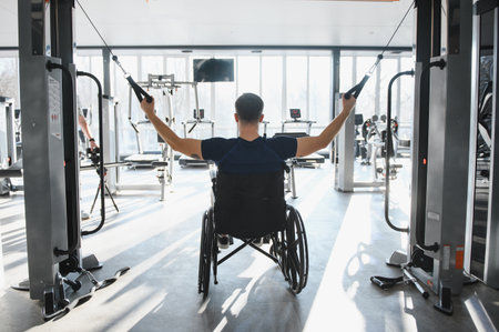 Patient doing rehabilitation exercises with cable weights in a gym, showing and determination...