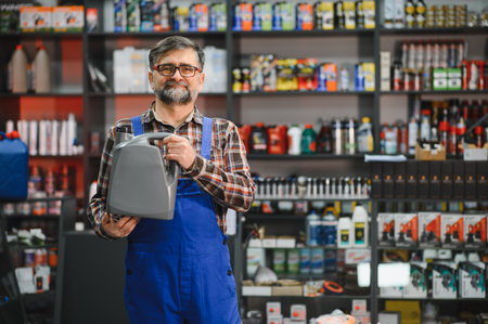 Salesman in blue overalls holding a gray canister of motor oil in an auto parts store, shelves full of products in the backgroundの写真素材