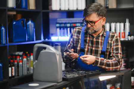 Senior salesman wearing blue overalls holding a small auto part in an auto parts store, focusing on...