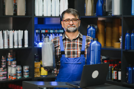 Senior salesman working at the auto parts store, comparing different motor oils for a customer