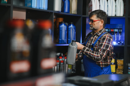 Senior salesman holding and checking a bottle of motor oil in an auto parts store, surrounded by shelves full of various car productsの写真素材