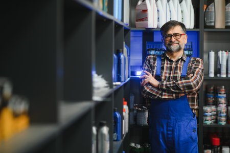 Portrait of a confident salesman standing with arms crossed in an auto parts store, surrounded by shelves stocked with various car maintenance productsの写真素材