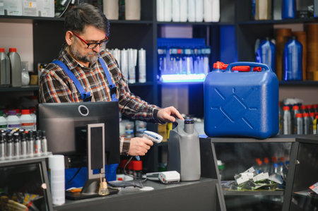 Salesman scanning motor oil with a barcode scanner at the counter of an auto parts store,...