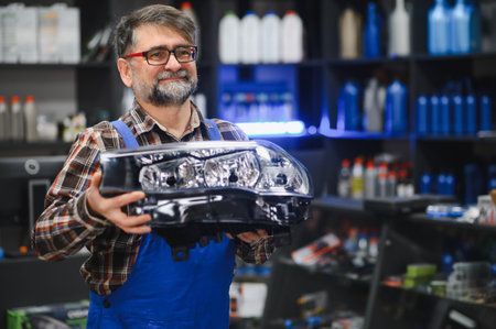 Mechanic showing a new headlight in an auto parts store, offering assistance and expertise for car...