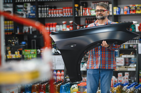 Salesman holding a car fender in an auto parts store, surrounded by neatly organized shelves filled with various automotive productsの写真素材