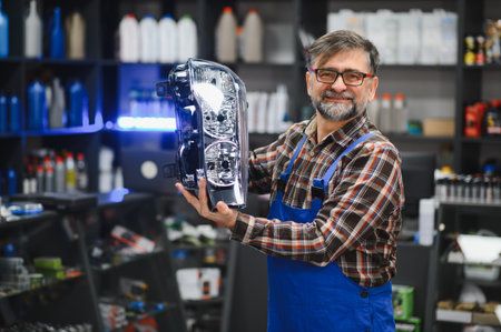 Senior salesman showing a new car headlight in an auto parts store, replacement and car maintenance conceptの写真素材
