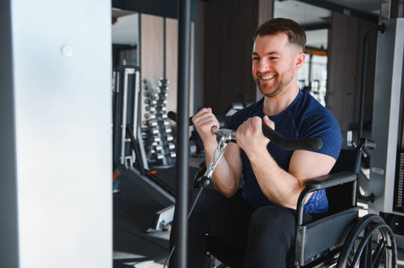 Smiling man in wheelchair using weight machine, exercising biceps in modern gym, demonstrating...