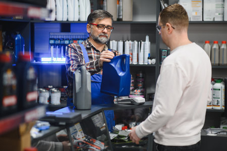 Mechanic showing canister of motor oil to customer in auto supply shop, providing expert advice and assistanceの写真素材