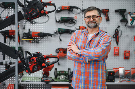 Confident salesman posing with arms crossed in a power tools store, showcasing a wide variety of...