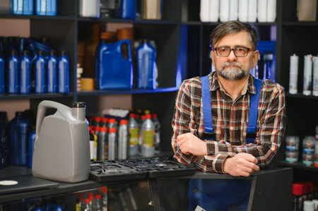 Senior salesman standing at the counter in an auto parts store, with motor oil and tools, ready to assist customers with their automotive needsの写真素材
