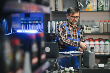 Salesman wearing blue overalls, holding a motor oil bottle while assisting customers in an auto...