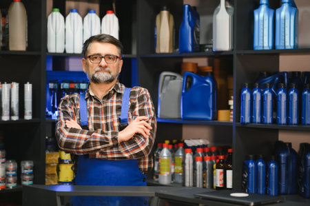 Portrait of confident salesman standing with crossed arms in auto parts store, surrounded by shelves full of various car productsの写真素材