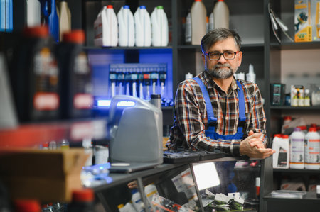 Senior salesman with a beard and glasses waiting patiently for customers in an auto parts store...