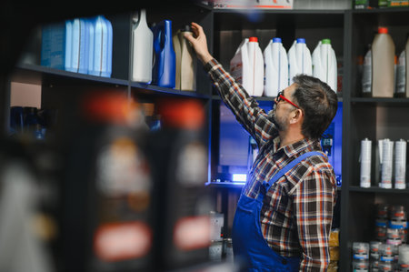Auto mechanic reaching for engine oil on a shelf in an auto parts store, surrounded by various car maintenance productsの写真素材