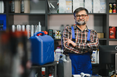 Portrait of a confident salesman standing with crossed arms in an auto parts store, surrounded by various car maintenance productsの写真素材