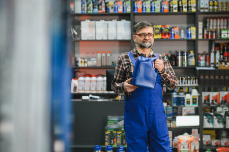 Salesman holding a canister of motor oil while standing in an auto parts store, surrounded by shelves full of various productsの写真素材