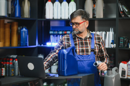 Senior salesman using barcode scanner and laptop, verifying motor oil product information in auto...
